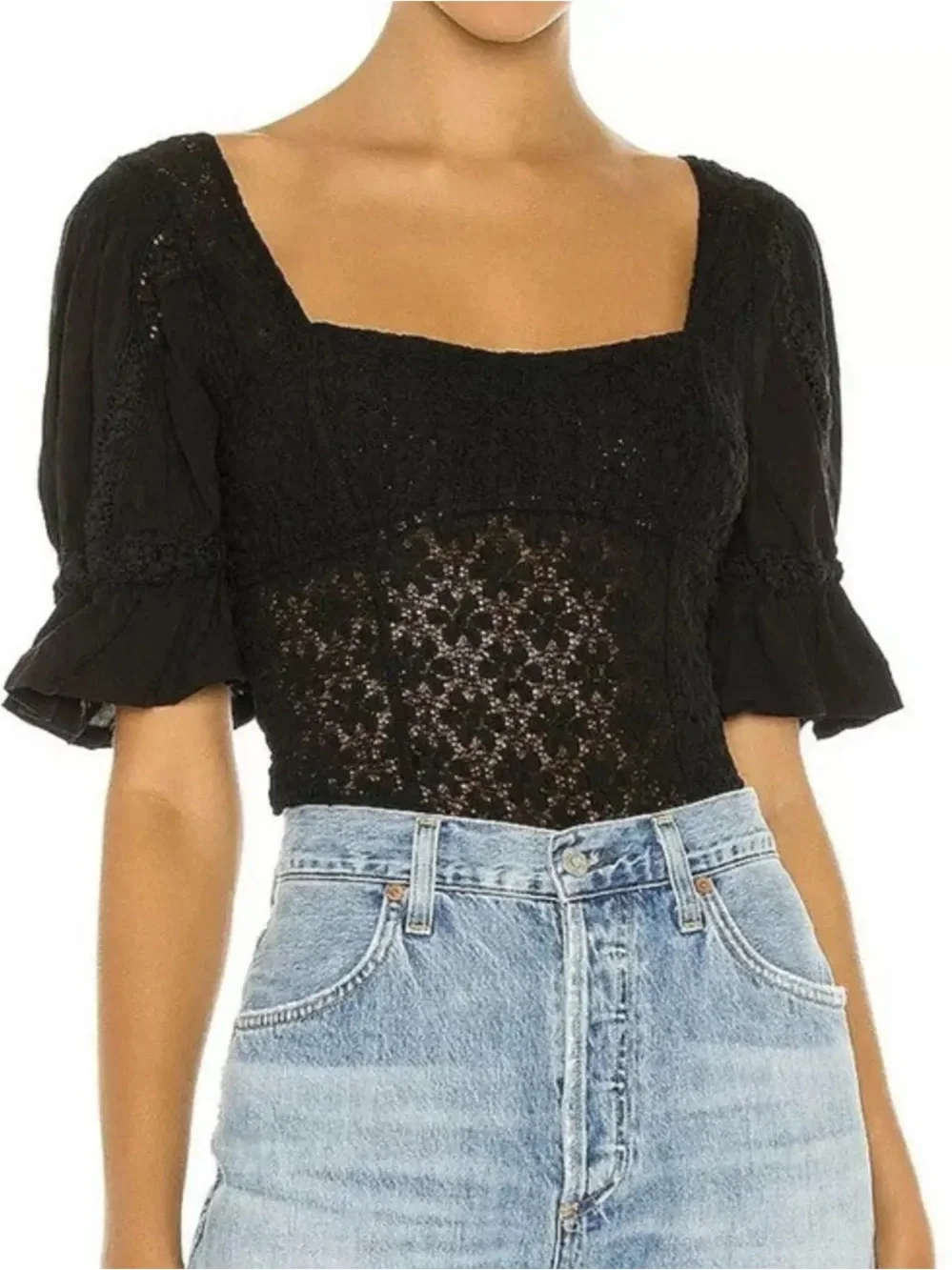 Free People Spring Fling Crochet Top Black S